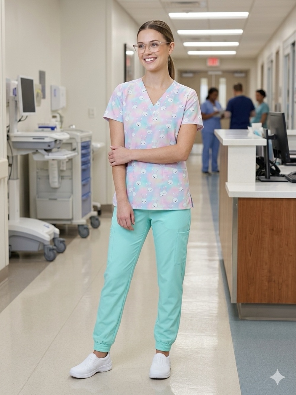Pink Pastel Bunny Print Scrub Top with Mint Green Scrub Pants + flamingo top